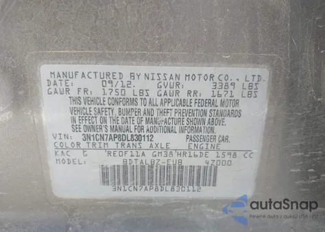 2013 Nissan Versa 1.6 Sv из США, поврежденный, VIN 3N1CN7AP8DL830112